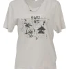 White screen-printed cotton jersey knit pullover 'This Hangover Sucks' distressed graphic T-shirt featuring built-in station necklace