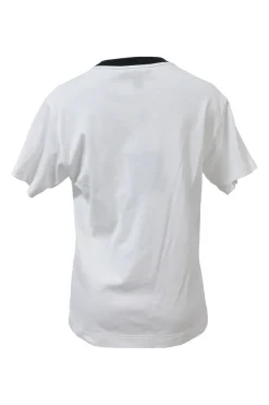 White screen-printed cotton jersey graphic tee featuring Cosmic Volleyball motif and metallic hanger loop appliqué