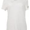 White semi-sheer cotton jersey knit scoop neck pullover T-shirt with faux pearl-embellished Coco Mark sleeve appliqué