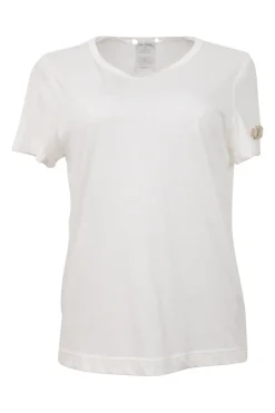 White semi-sheer cotton jersey knit scoop neck pullover T-shirt with faux pearl-embellished Coco Mark sleeve appliqué