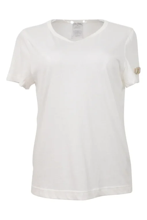White semi-sheer cotton jersey knit scoop neck pullover T-shirt with faux pearl-embellished Coco Mark sleeve appliqué