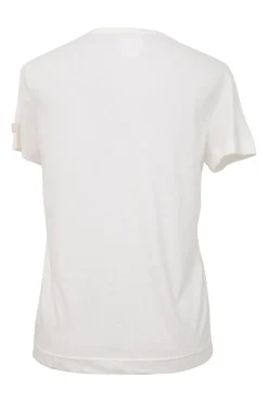 White semi-sheer cotton jersey knit scoop neck pullover T-shirt with faux pearl-embellished Coco Mark sleeve appliqué