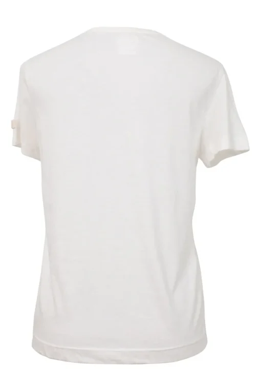 White semi-sheer cotton jersey knit scoop neck pullover T-shirt with faux pearl-embellished Coco Mark sleeve appliqué