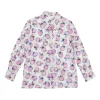 White semi-sheer cotton novelty apple print dagger collar button-front shirt