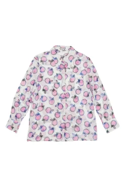 White semi-sheer cotton novelty apple print dagger collar button-front shirt