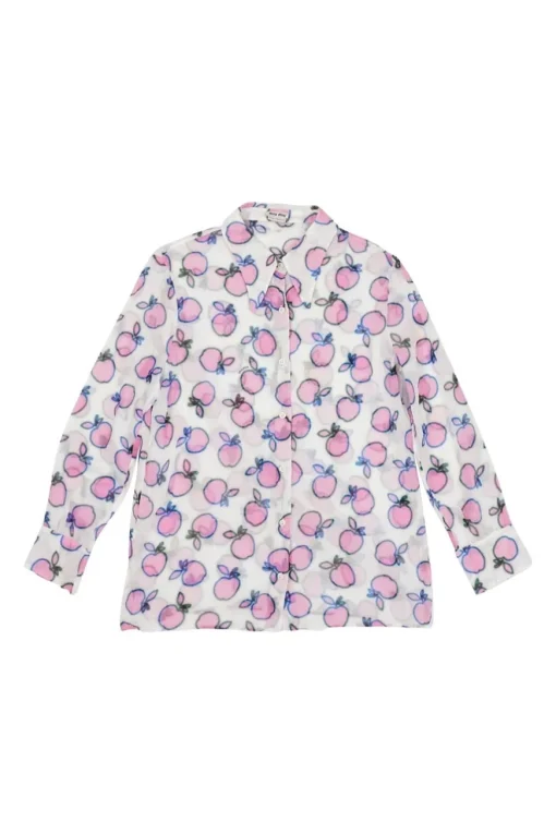 White semi-sheer cotton novelty apple print dagger collar button-front shirt