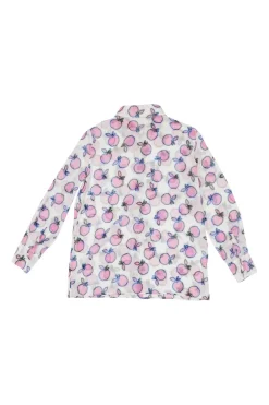 White semi-sheer cotton novelty apple print dagger collar button-front shirt