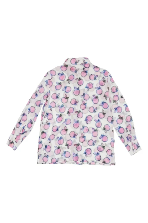 White semi-sheer cotton novelty apple print dagger collar button-front shirt