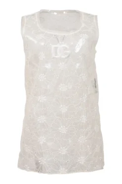 White semi-sheer cotton-blend floral broderie Anglaise tank top featuring DG broderie motif