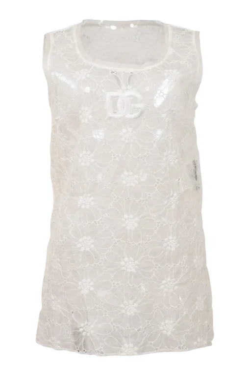 White semi-sheer cotton-blend floral broderie Anglaise tank top featuring DG broderie motif