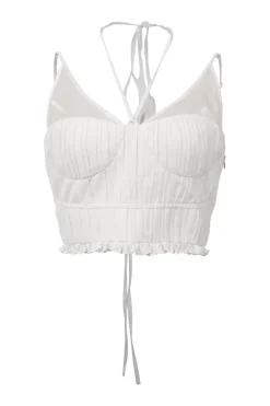 White semi-sheer cotton-blend paneled pintuck strappy bustier top