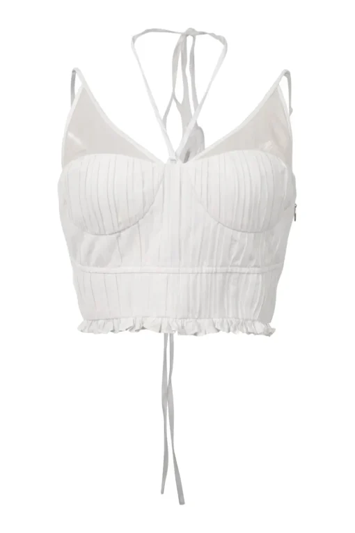 White semi-sheer cotton-blend paneled pintuck strappy bustier top