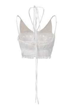 White semi-sheer cotton-blend paneled pintuck strappy bustier top