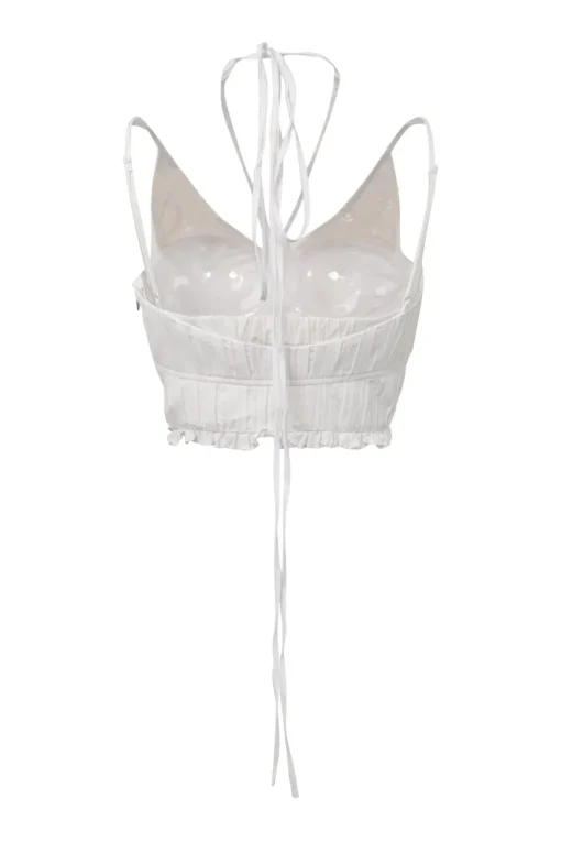 White semi-sheer cotton-blend paneled pintuck strappy bustier top