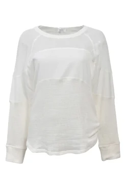 White semi-sheer paneled polyester warp knit mesh raglan sleeve top