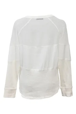 White semi-sheer paneled polyester warp knit mesh raglan sleeve top