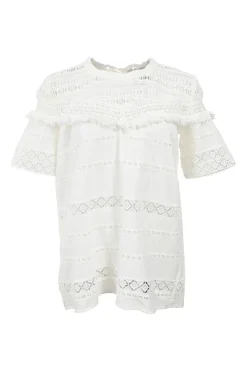 White semi-sheer panelled cotton broderie Anglaise crewneck short sleeve top with fringe trim