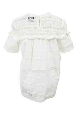 White semi-sheer panelled cotton broderie Anglaise crewneck short sleeve top with fringe trim