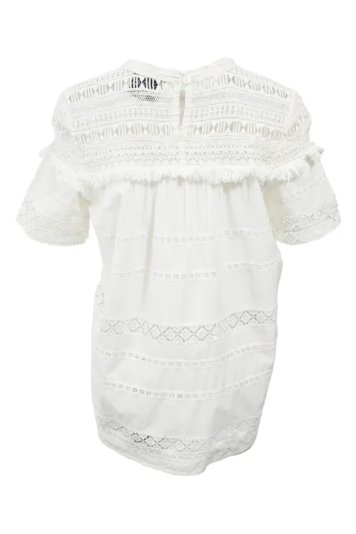 White semi-sheer panelled cotton broderie Anglaise crewneck short sleeve top with fringe trim