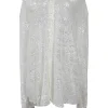 White sequined polyester warp knit mesh spread collar button-front shirt