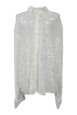 White sequined polyester warp knit mesh spread collar button-front shirt