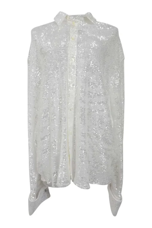 White sequined polyester warp knit mesh spread collar button-front shirt