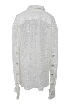 White sequined polyester warp knit mesh spread collar button-front shirt