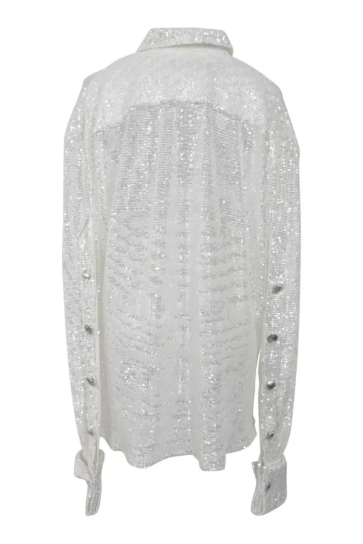 White sequined polyester warp knit mesh spread collar button-front shirt
