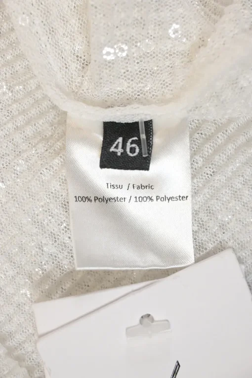 White sequined polyester warp knit mesh spread collar button-front shirt
