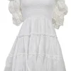 White shirred cotton off-shoulder tier-ruffle bustier mini dress with tonal crochet lace inserts