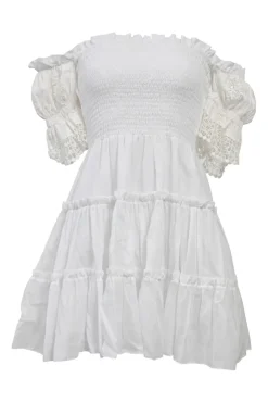White shirred cotton off-shoulder tier-ruffle bustier mini dress with tonal crochet lace inserts