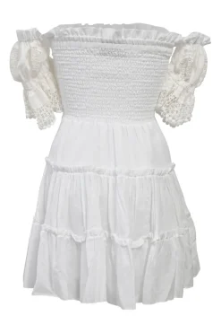 White shirred cotton off-shoulder tier-ruffle bustier mini dress with tonal crochet lace inserts