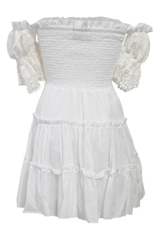White shirred cotton off-shoulder tier-ruffle bustier mini dress with tonal crochet lace inserts
