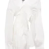 White shirred cotton-blend asymmetric wrap-effect drop-shoulder portrait collar tunic