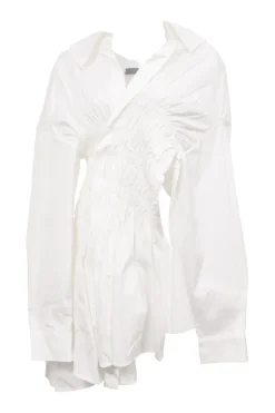 White shirred cotton-blend asymmetric wrap-effect drop-shoulder portrait collar tunic