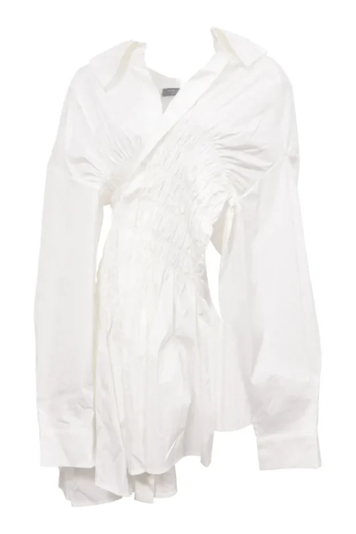 White shirred cotton-blend asymmetric wrap-effect drop-shoulder portrait collar tunic