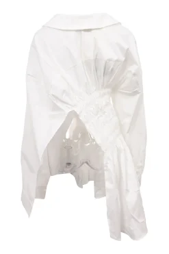 White shirred cotton-blend asymmetric wrap-effect drop-shoulder portrait collar tunic