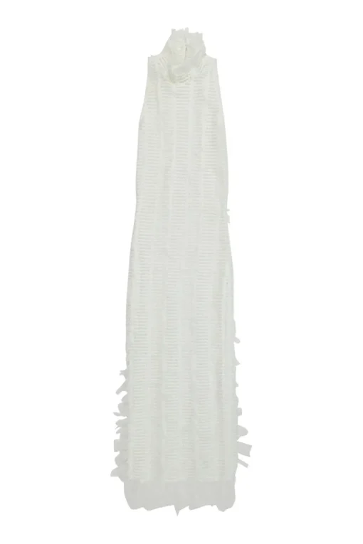 White shirred polyester mesh Angel high-collar sleeveless bodycon dress