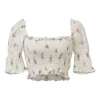 White shirred rose cotton broderie Anglaise puff-sleeve ruffle crop-top
