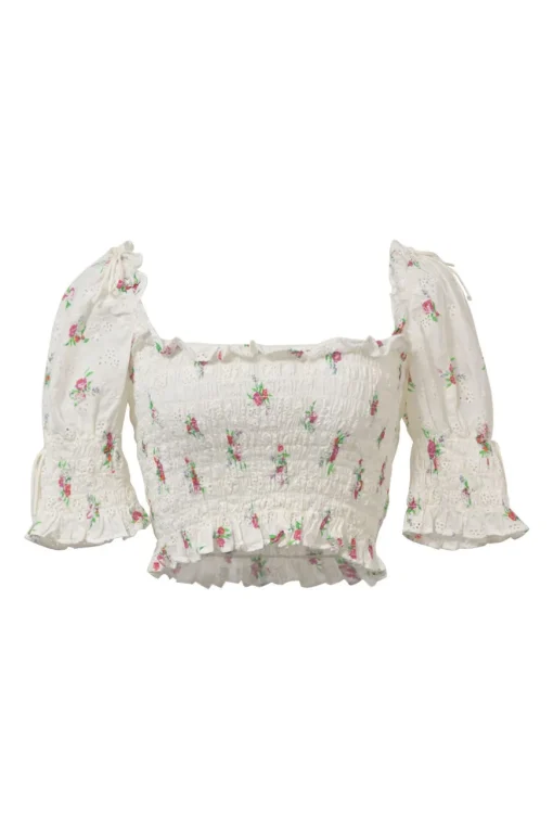 White shirred rose cotton broderie Anglaise puff-sleeve ruffle crop-top