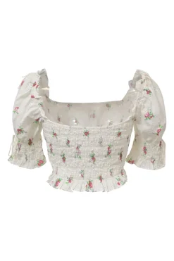 White shirred rose cotton broderie Anglaise puff-sleeve ruffle crop-top