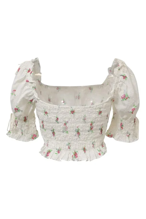 White shirred rose cotton broderie Anglaise puff-sleeve ruffle crop-top