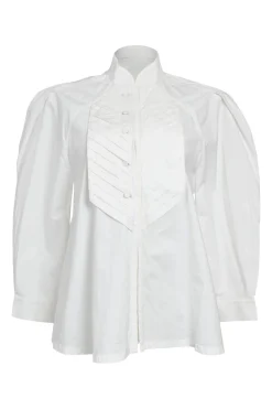White shirtwaist-style stand collar button-front peplum blouse with pintuck bib and raglan sleeves