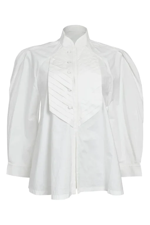 White shirtwaist-style stand collar button-front peplum blouse with pintuck bib and raglan sleeves