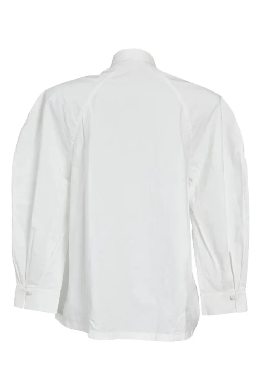 White shirtwaist-style stand collar button-front peplum blouse with pintuck bib and raglan sleeves