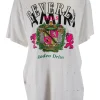 White short-sleeved "beverly hills" multi print tee adorned with holes