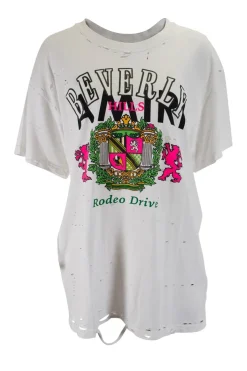 White short-sleeved "beverly hills" multi print tee adorned with holes