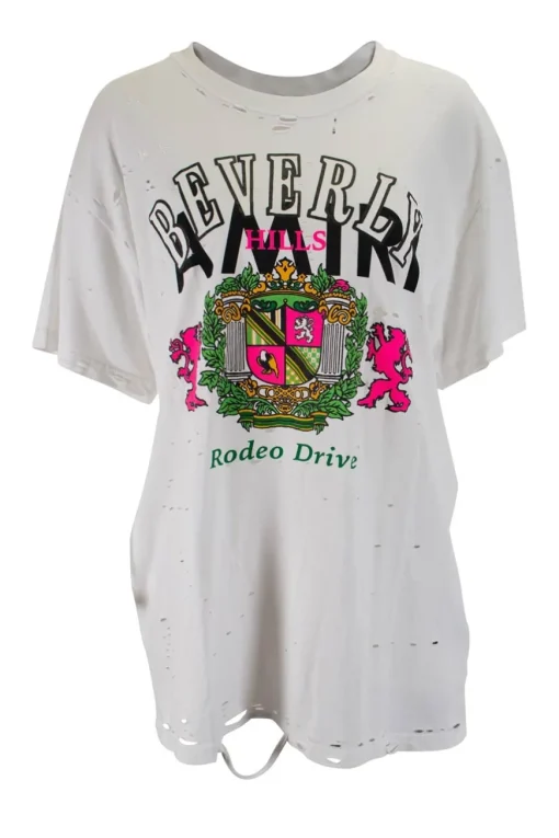 White short-sleeved "beverly hills" multi print tee adorned with holes