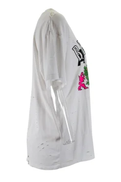 White short-sleeved "beverly hills" multi print tee adorned with holes