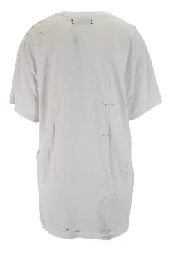 White short-sleeved "beverly hills" multi print tee adorned with holes